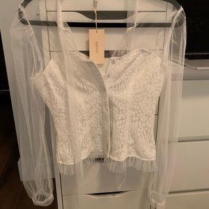 White corset top with mesh sleeves